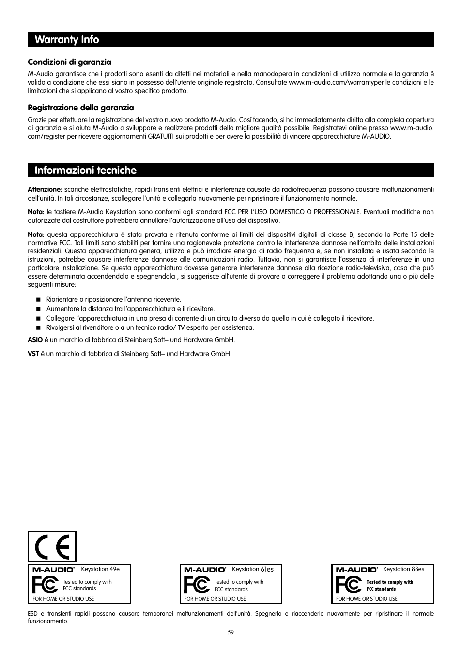 Warranty info, Informazioni tecniche, Warranty info informazioni tecniche | M-AUDIO KeyStation 61es User Manual | Page 60 / 78