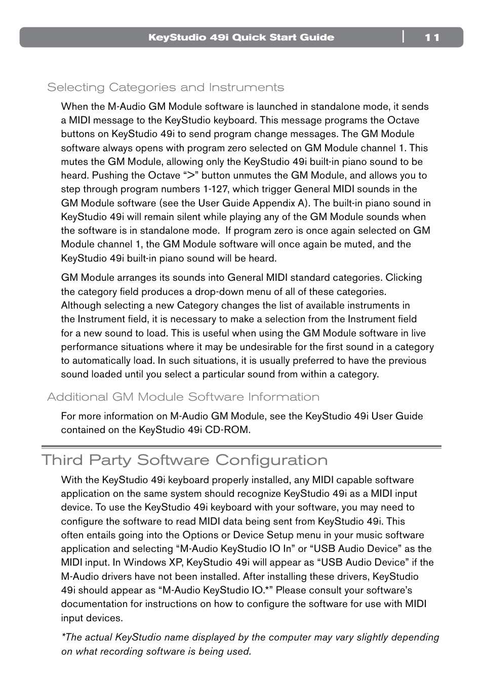 Additional gm module software information, Selecting categories and instruments, Third party software configuration | M-AUDIO 49I User Manual | Page 11 / 12