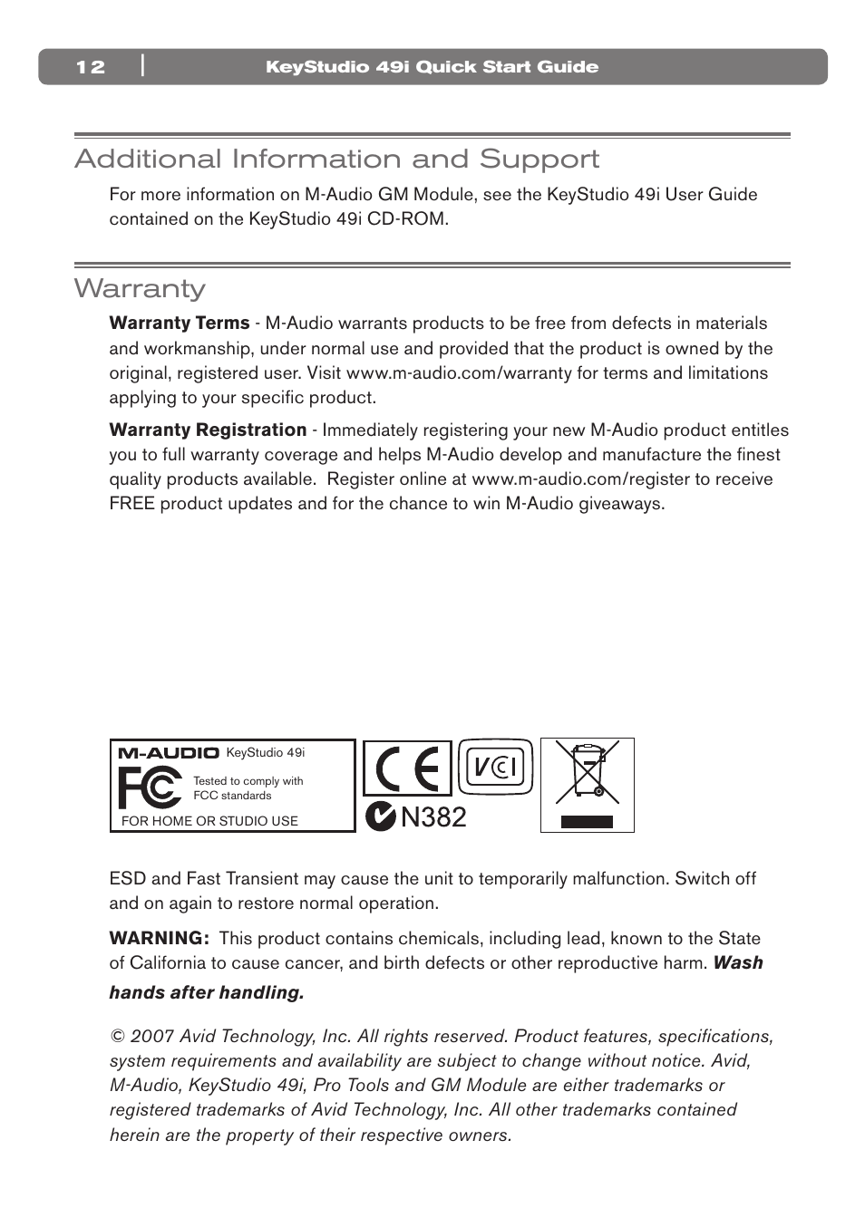 Additional information and support, Warranty | M-AUDIO 49I User Manual | Page 12 / 12