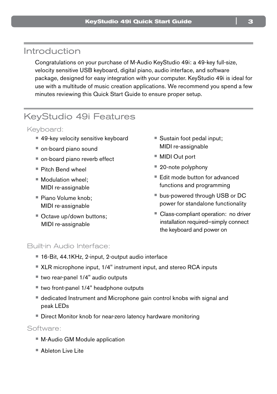 Introduction, Keystudio 49i features, Keyboard | Built-in audio interface, Software | M-AUDIO 49I User Manual | Page 3 / 12