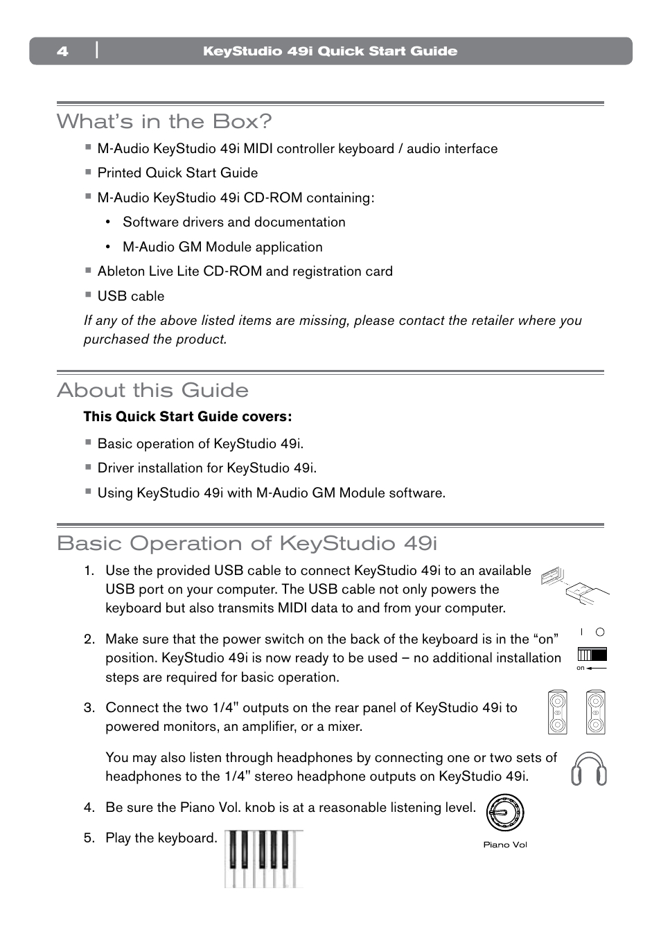 What’s in the box, About this guide, Basic operation of keystudio 49i | M-AUDIO 49I User Manual | Page 4 / 12