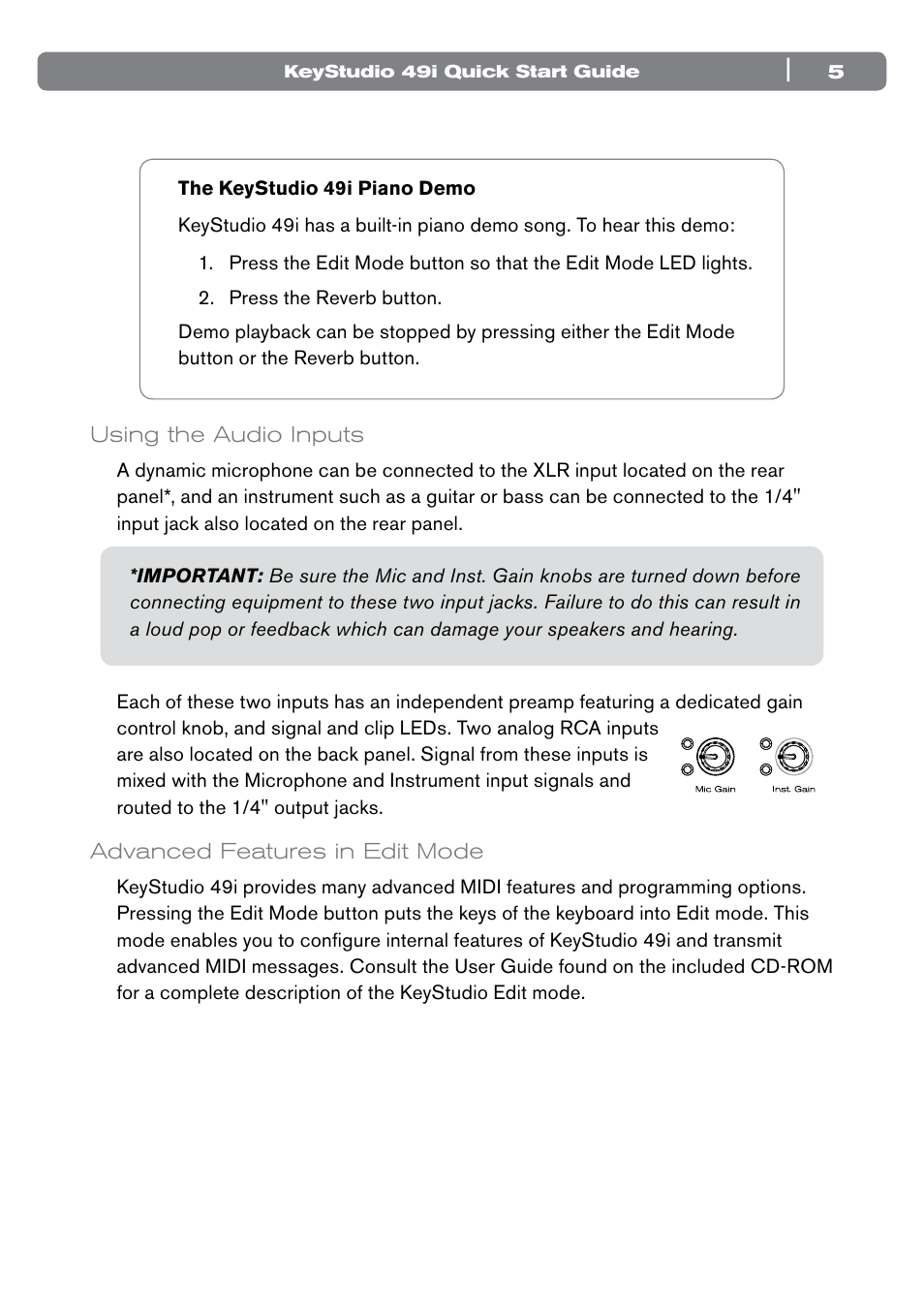Using the audio inputs, Advanced features in edit mode | M-AUDIO 49I User Manual | Page 5 / 12