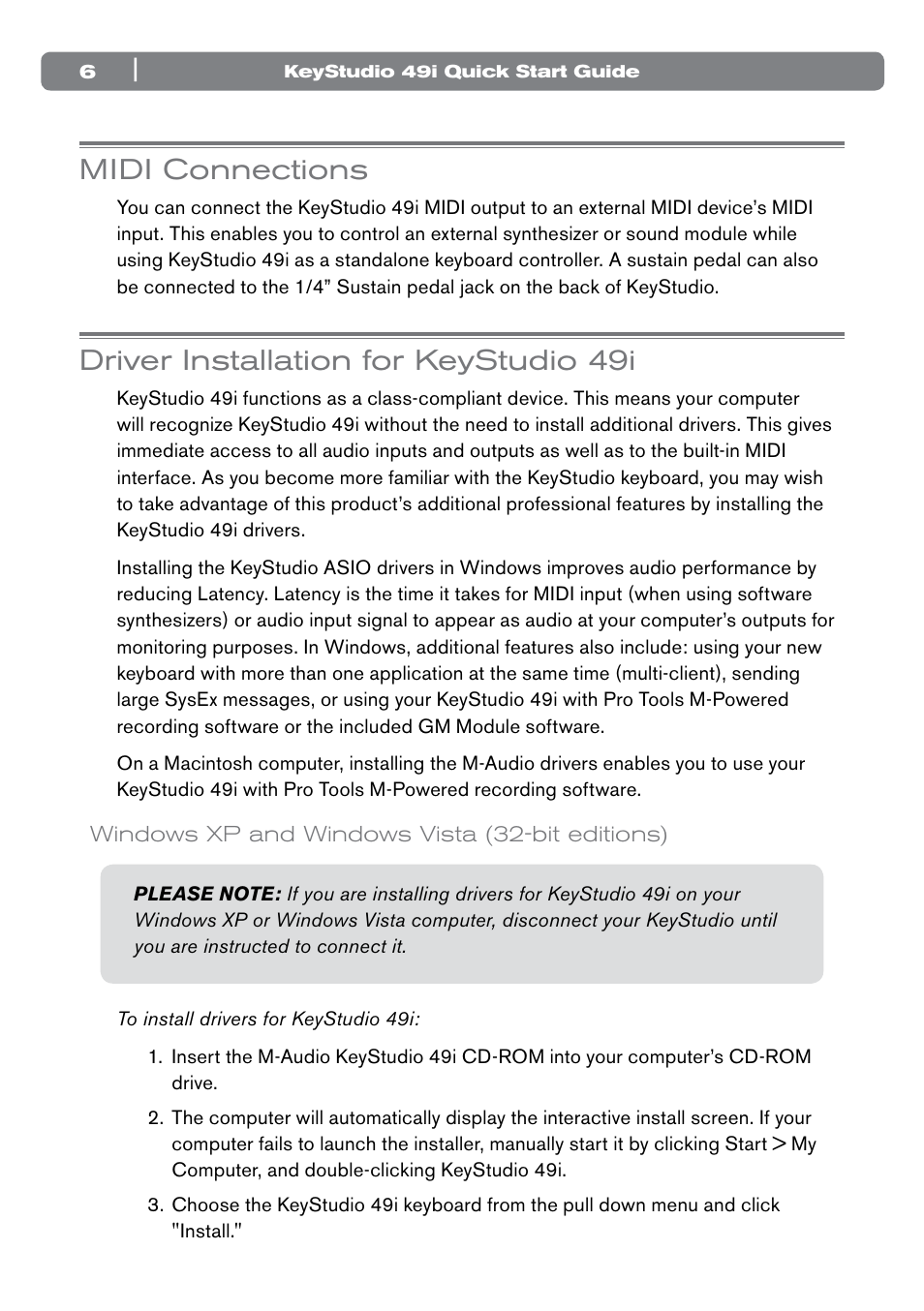 Midi connections, Driver installation for keystudio 49i, Windows xp and windows vista (32-bit editions) | M-AUDIO 49I User Manual | Page 6 / 12