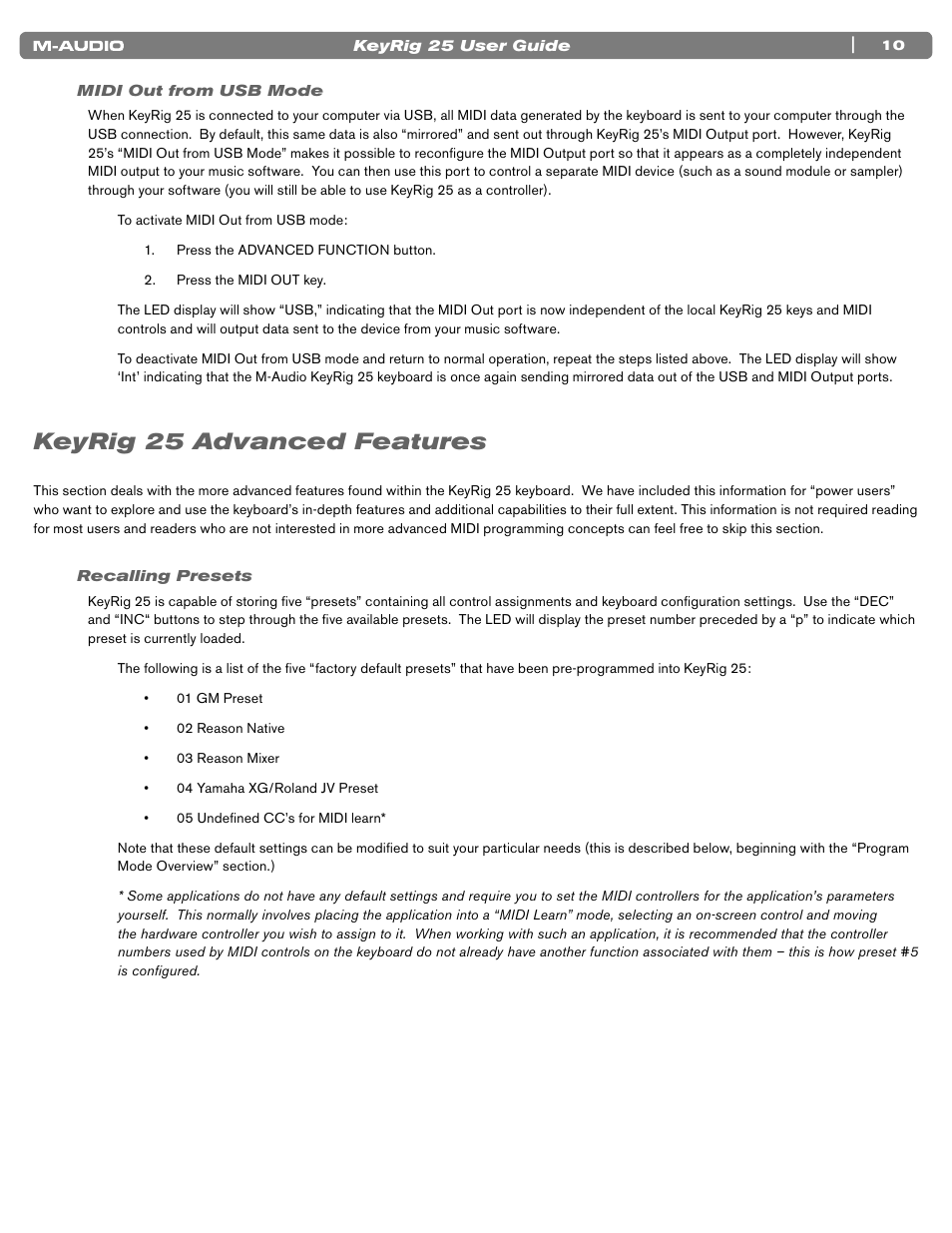 Midi out from usb mode, Keyrig 25 advanced features, Recalling presets | 10 midi out from usb mode, 10 recalling presets | M-AUDIO KEYRIG 25 User Manual | Page 10 / 27