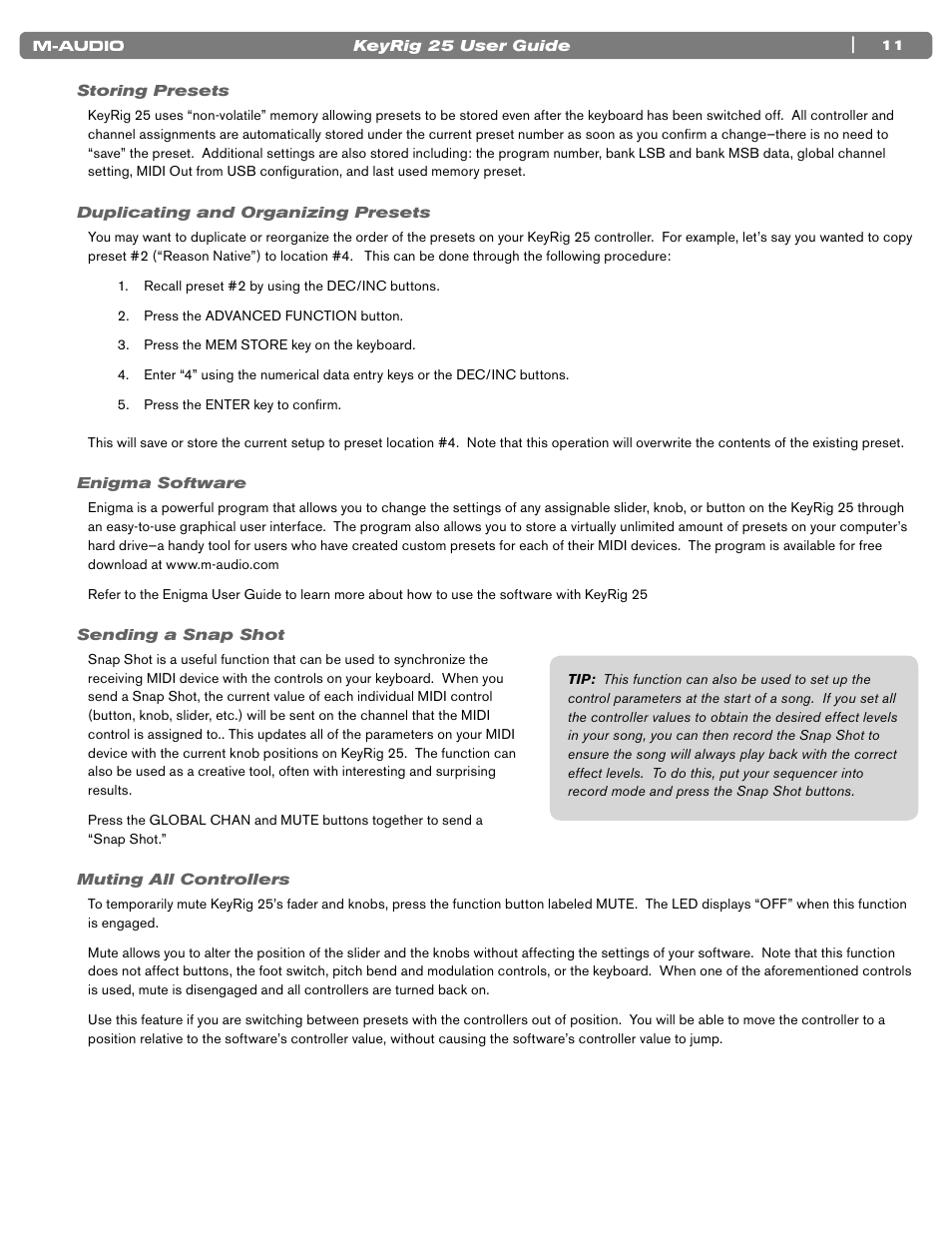 Storing presets, Duplicating and organizing presets, Enigma software | Sending a snap shot, Muting all controllers, 11 storing presets, 11 duplicating and organizing presets, 11 enigma software, 11 sending a snap shot, 11 muting all controllers | M-AUDIO KEYRIG 25 User Manual | Page 11 / 27