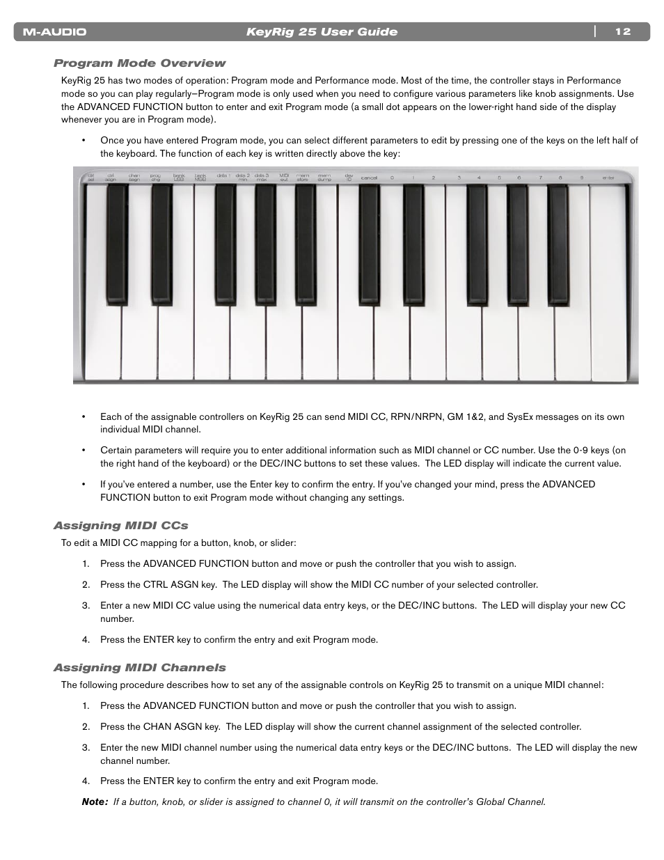 Program mode overview, Assigning midi ccs, Assigning midi channels | 12 program mode overview, 12 assigning midi ccs, 12 assigning midi channels | M-AUDIO KEYRIG 25 User Manual | Page 12 / 27