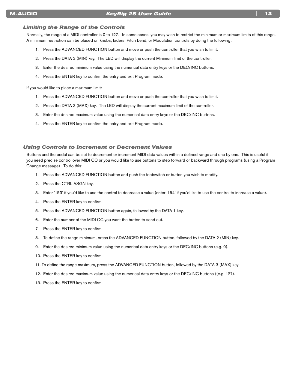 Limiting the range of the controls, Using controls to increment or decrement values, 13 limiting the range of the controls | 13 using controls to increment or decrement values | M-AUDIO KEYRIG 25 User Manual | Page 13 / 27