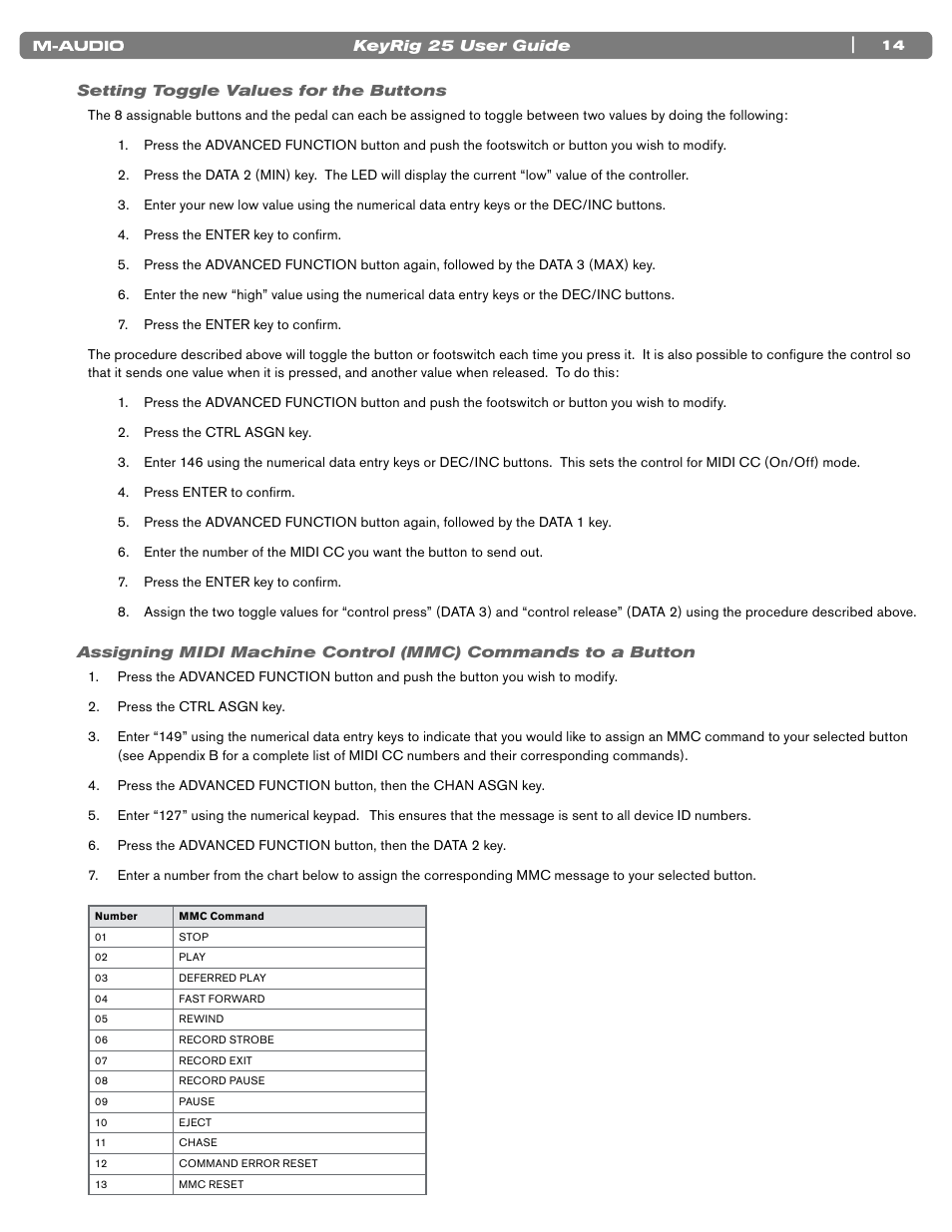 Setting toggle values for the buttons, 14 setting toggle values for the buttons, 14 assigning midi machine control (mmc) commands | To a button | M-AUDIO KEYRIG 25 User Manual | Page 14 / 27