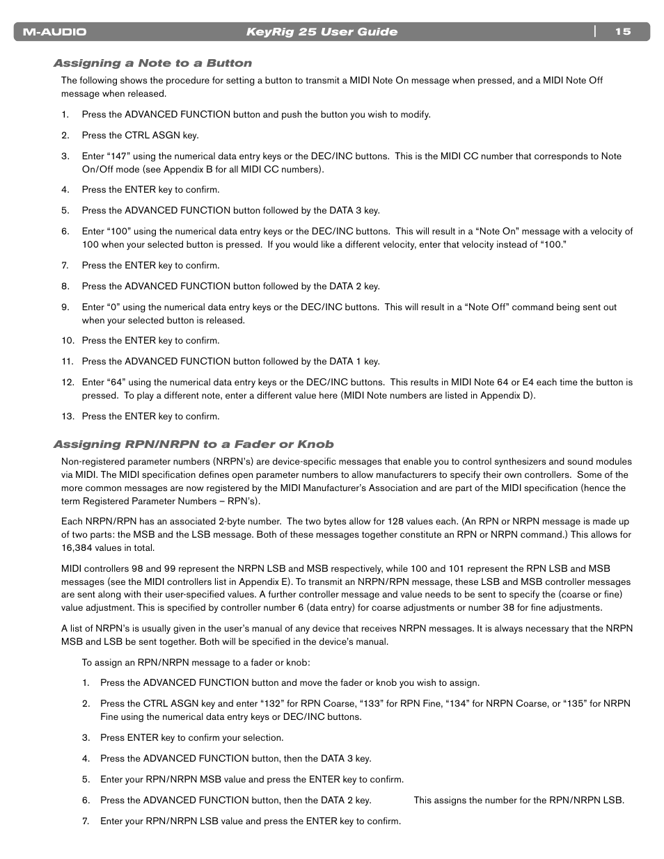 Assigning a note to a button, Assigning rpn/nrpn to a fader or knob, 15 assigning a note to a button | 15 assigning rpn/nrpn to a fader or knob | M-AUDIO KEYRIG 25 User Manual | Page 15 / 27