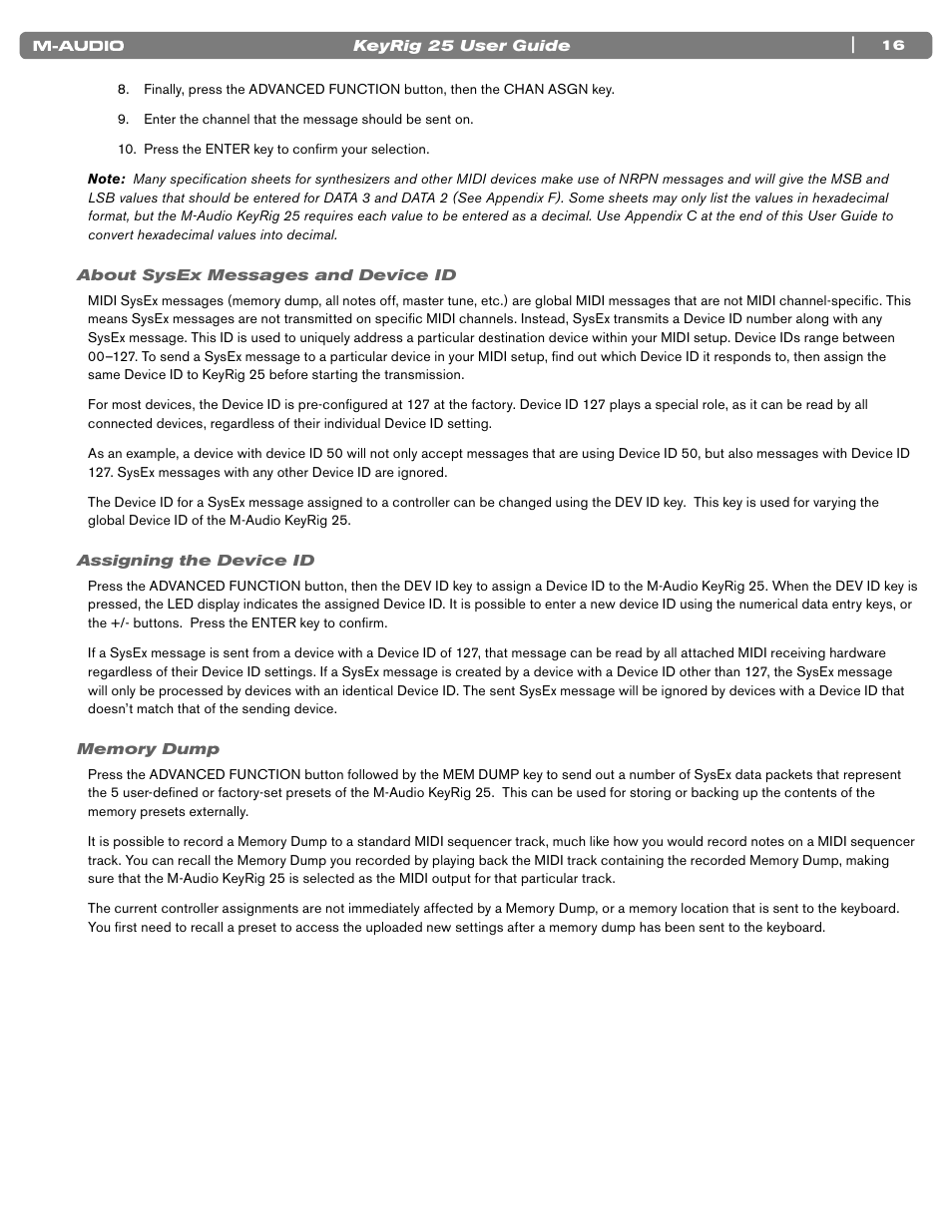 About sysex messages and device id, Assigning the device id, Memory dump | 16 about sysex messages and device id, 16 assigning the device id, 16 memory dump | M-AUDIO KEYRIG 25 User Manual | Page 16 / 27