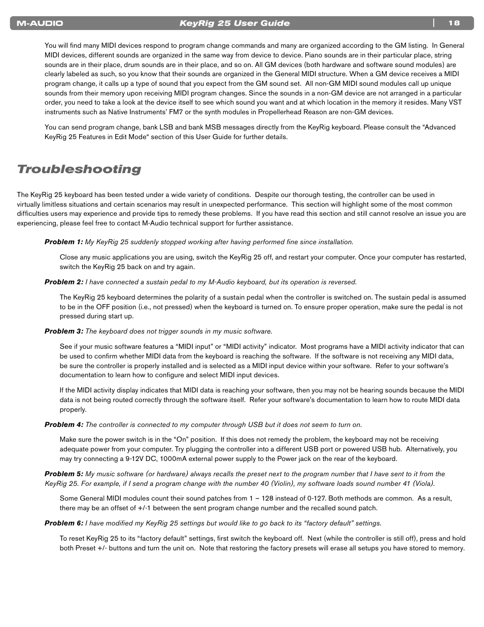 Troubleshooting | M-AUDIO KEYRIG 25 User Manual | Page 18 / 27