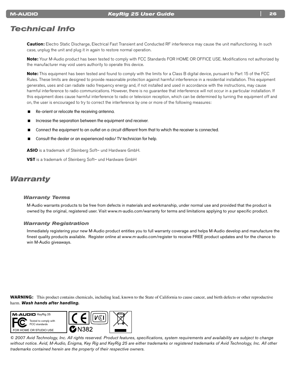 Technical info, Warranty, Warranty terms | Warranty registration, 26 warranty terms, 26 warranty registration | M-AUDIO KEYRIG 25 User Manual | Page 26 / 27