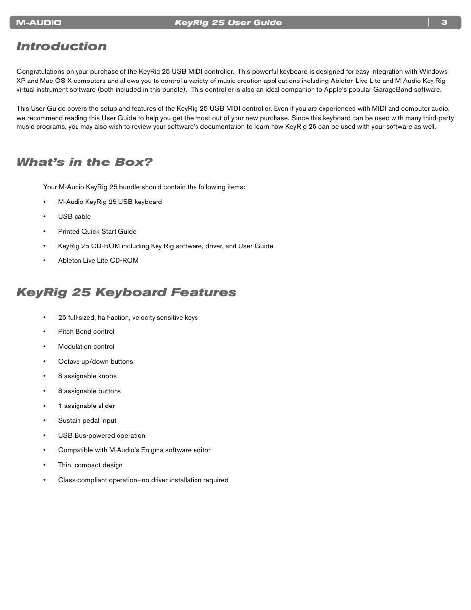 Introduction, What’s in the box, Keyrig 25 keyboard features | M-AUDIO KEYRIG 25 User Manual | Page 3 / 27