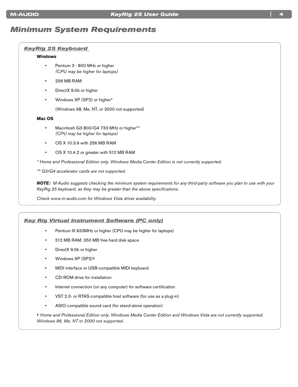 Minimum system requirements, Keyrig 25 keyboard, Key rig virtual instrument software (pc only) | 4 keyrig 25 keyboard, 4 key rig virtual instrument software (pc only) | M-AUDIO KEYRIG 25 User Manual | Page 4 / 27
