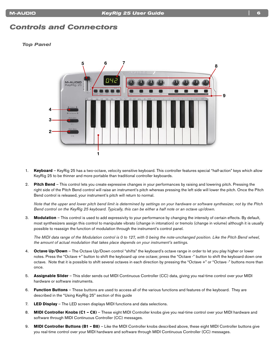 Controls and connectors, Top panel, 6 top panel | M-AUDIO KEYRIG 25 User Manual | Page 6 / 27