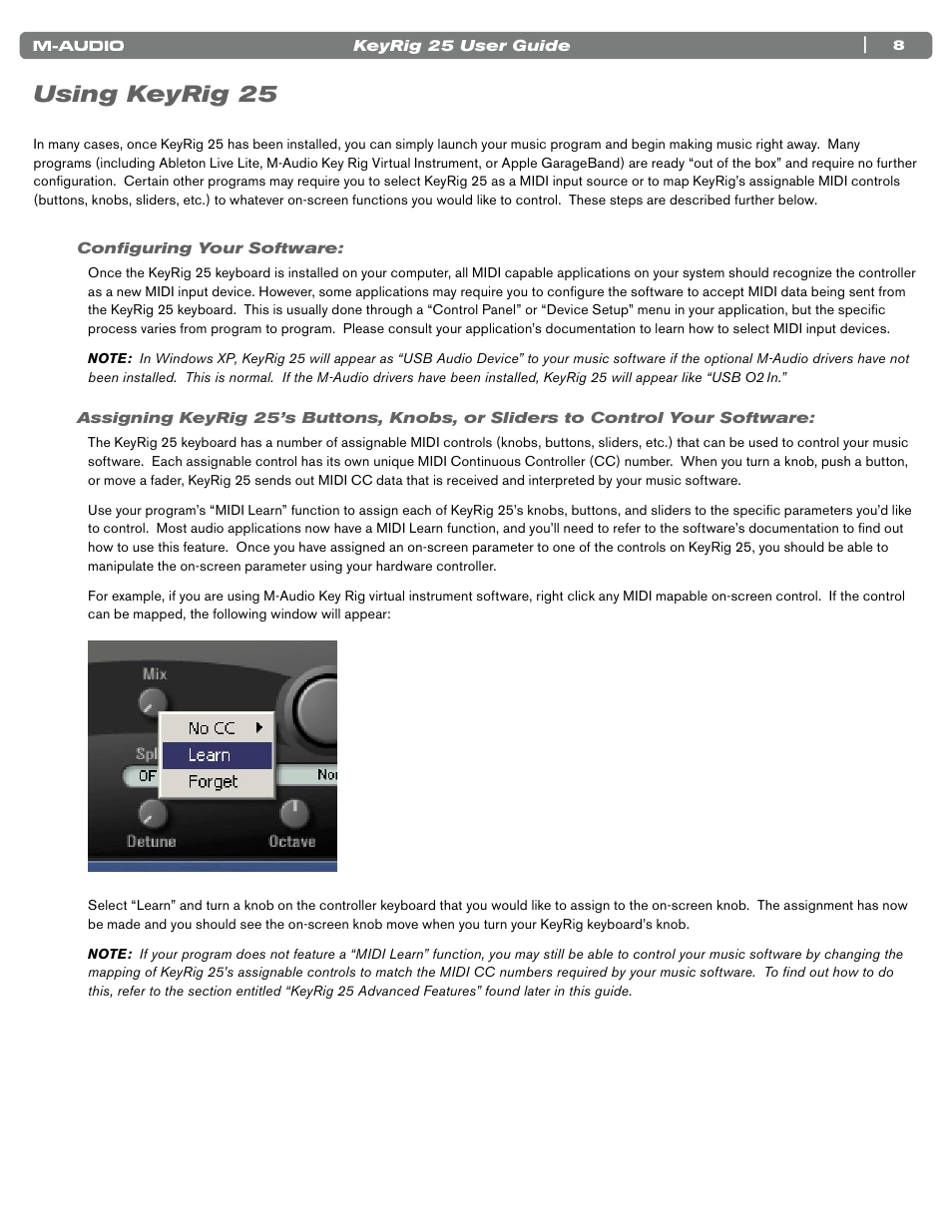 Using keyrig 25, Configuring your software | M-AUDIO KEYRIG 25 User Manual | Page 8 / 27