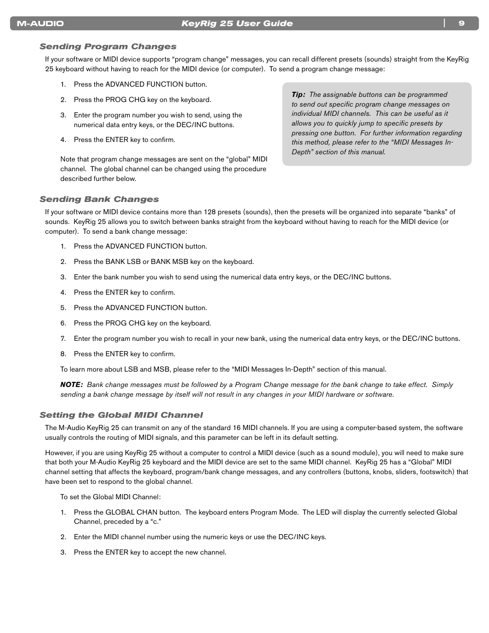 Sending program changes, Sending bank changes, Setting the global midi channel | 9 sending program changes, 9 sending bank changes, 9 setting the global midi channel | M-AUDIO KEYRIG 25 User Manual | Page 9 / 27