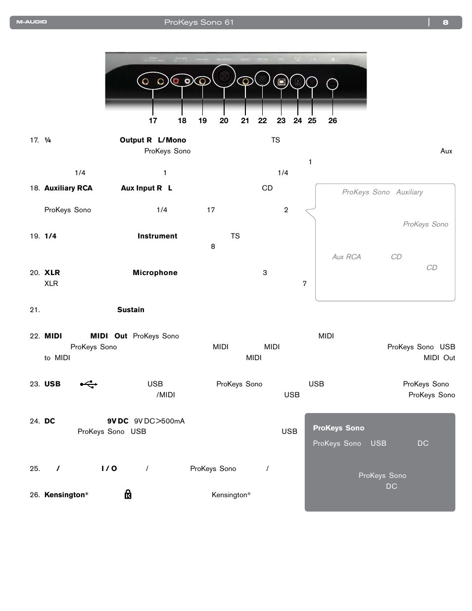 リアパネル図解 | M-AUDIO PROKEYS SONO 61 User Manual | Page 9 / 50
