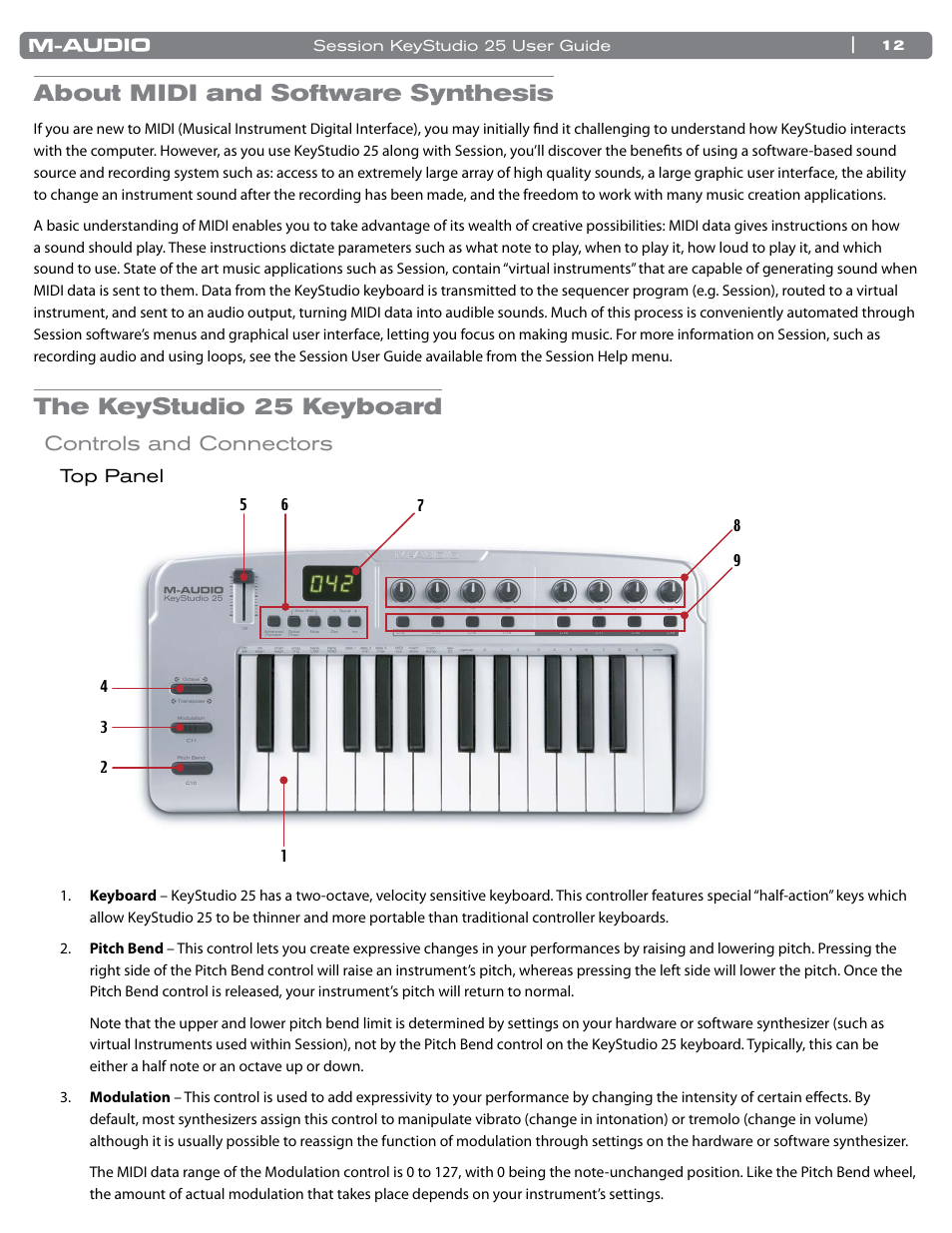 About midi and software synthesis, The keystudio 25 keyboard, Controls and connectors | M-AUDIO KeyStudio 25 User Manual | Page 13 / 40