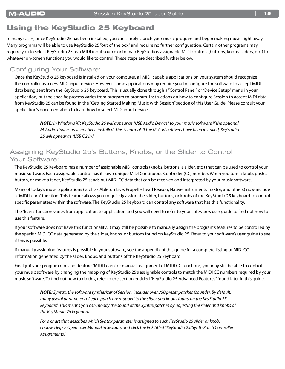 Using the keystudio 25 keyboard, Configuring your software | M-AUDIO KeyStudio 25 User Manual | Page 16 / 40