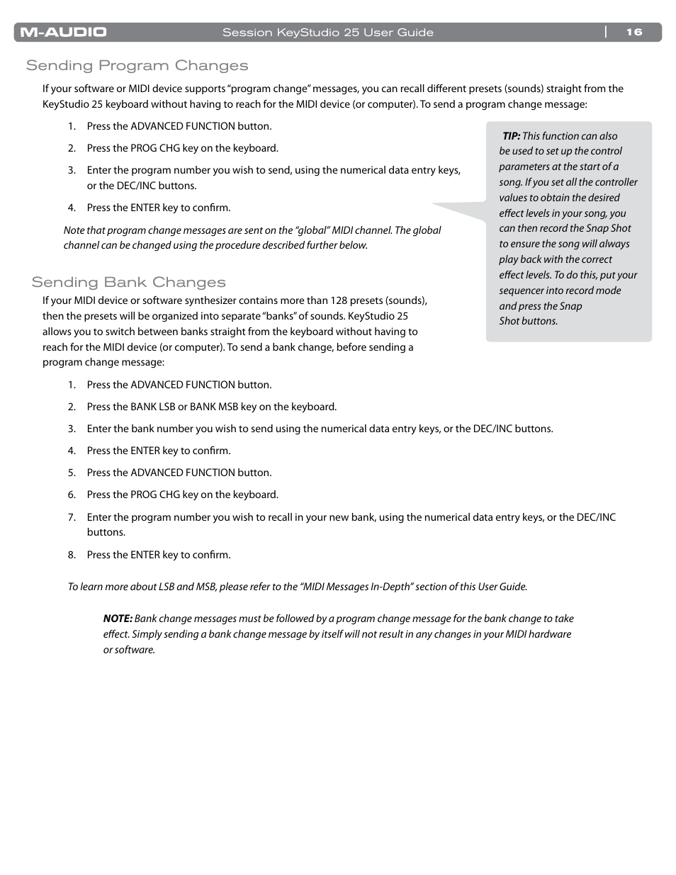 Sending bank changes, Sending program changes | M-AUDIO KeyStudio 25 User Manual | Page 17 / 40