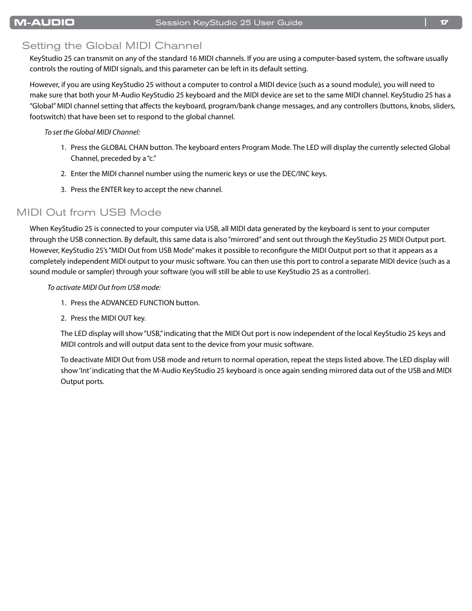 Setting the global midi channel, Midi out from usb mode | M-AUDIO KeyStudio 25 User Manual | Page 18 / 40