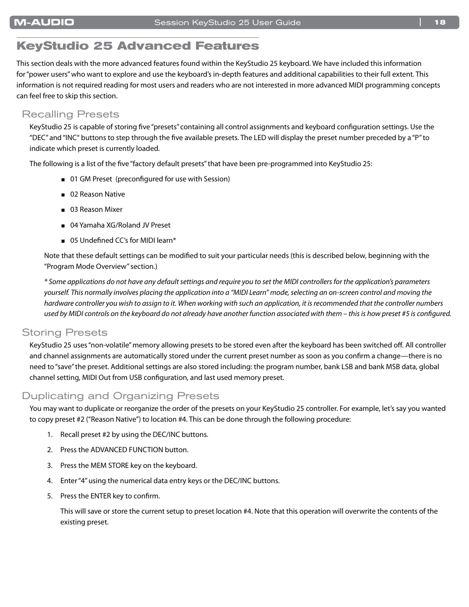 Keystudio 25 advanced features, Recalling presets, Storing presets | Duplicating and organizing presets | M-AUDIO KeyStudio 25 User Manual | Page 19 / 40
