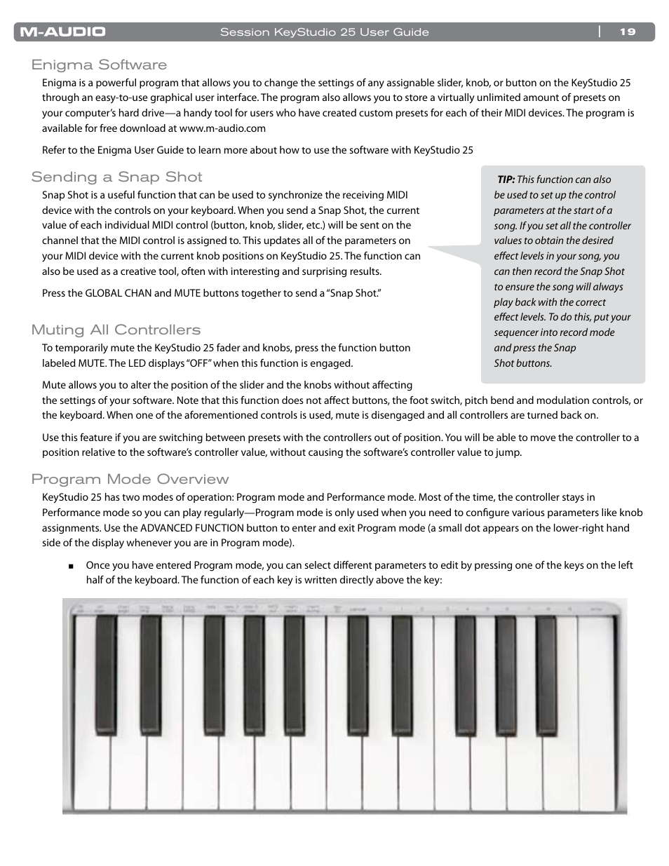 Enigma software, Sending a snap shot, Muting all controllers | Program mode overview | M-AUDIO KeyStudio 25 User Manual | Page 20 / 40