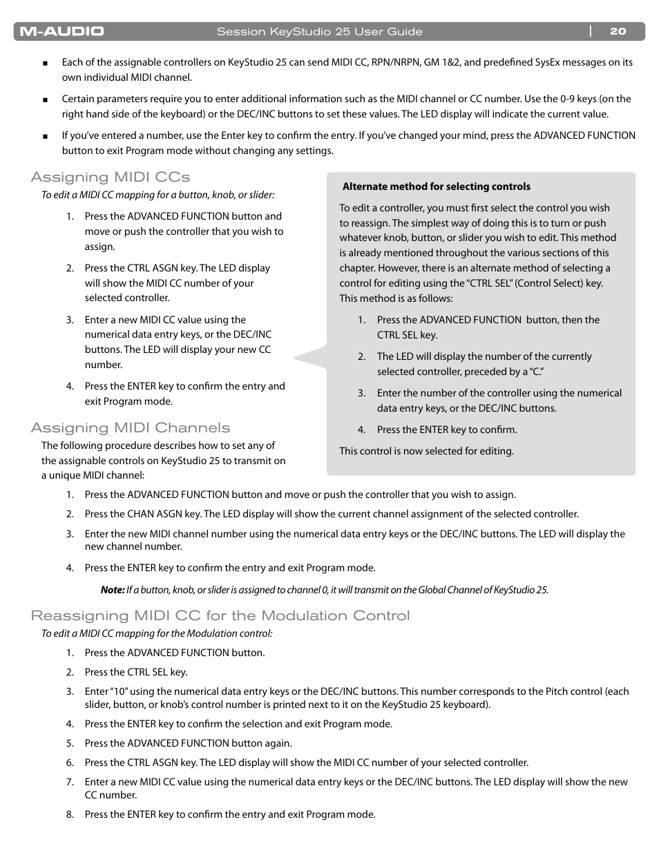 Assigning midi ccs, Assigning midi channels, Reassigning midi cc for the modulation control | M-AUDIO KeyStudio 25 User Manual | Page 21 / 40