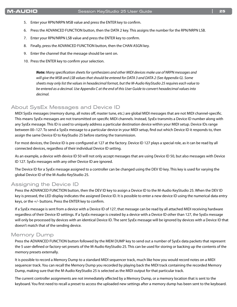 About sysex messages and device id, Assigning the device id, Memory dump | M-AUDIO KeyStudio 25 User Manual | Page 26 / 40