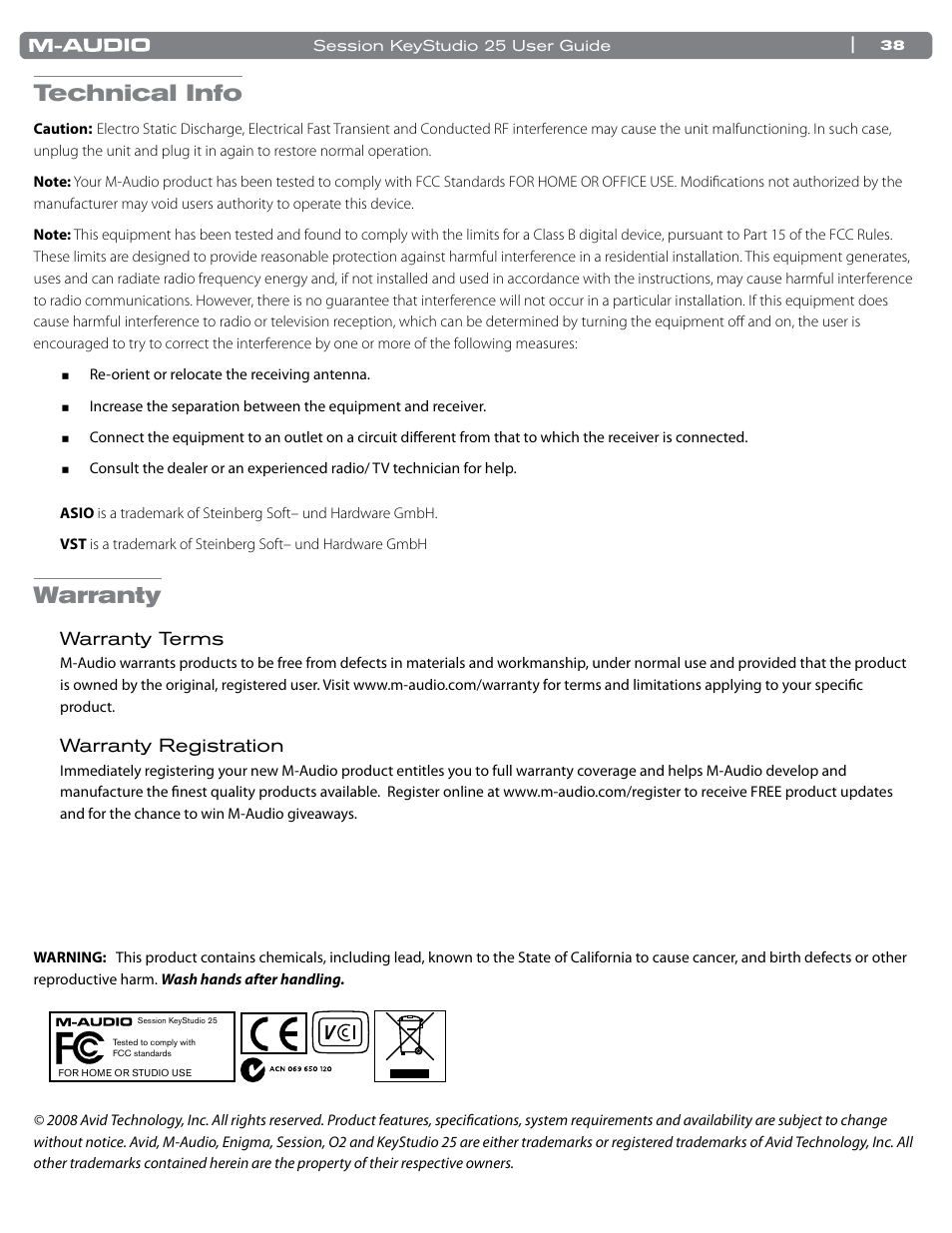 Technical info, Warranty, Warranty terms | Warranty registration | M-AUDIO KeyStudio 25 User Manual | Page 39 / 40