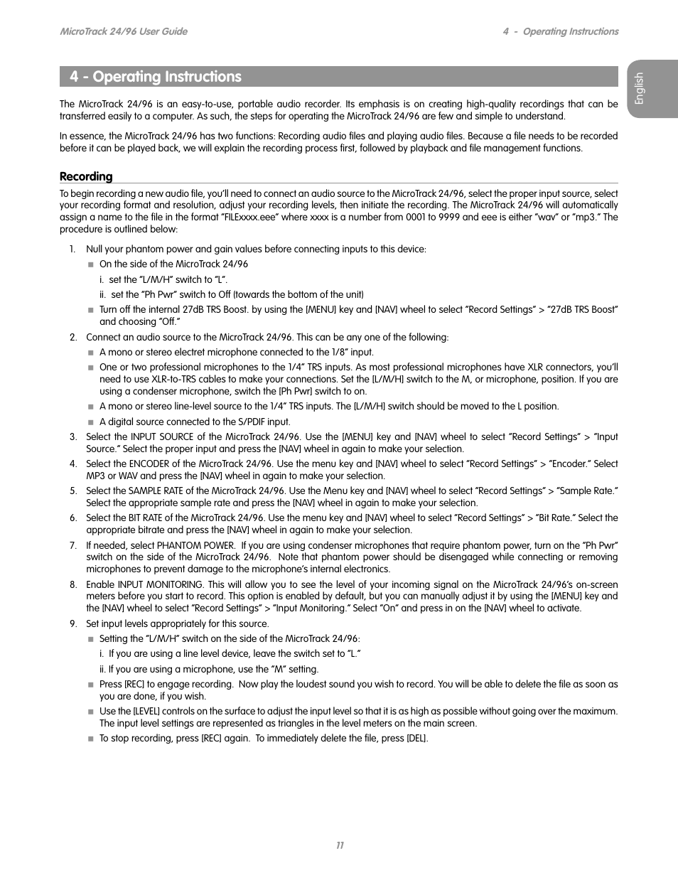 4 - operating instructions, Recording | M-AUDIO MICROTRACK 24/96 User Manual | Page 12 / 19