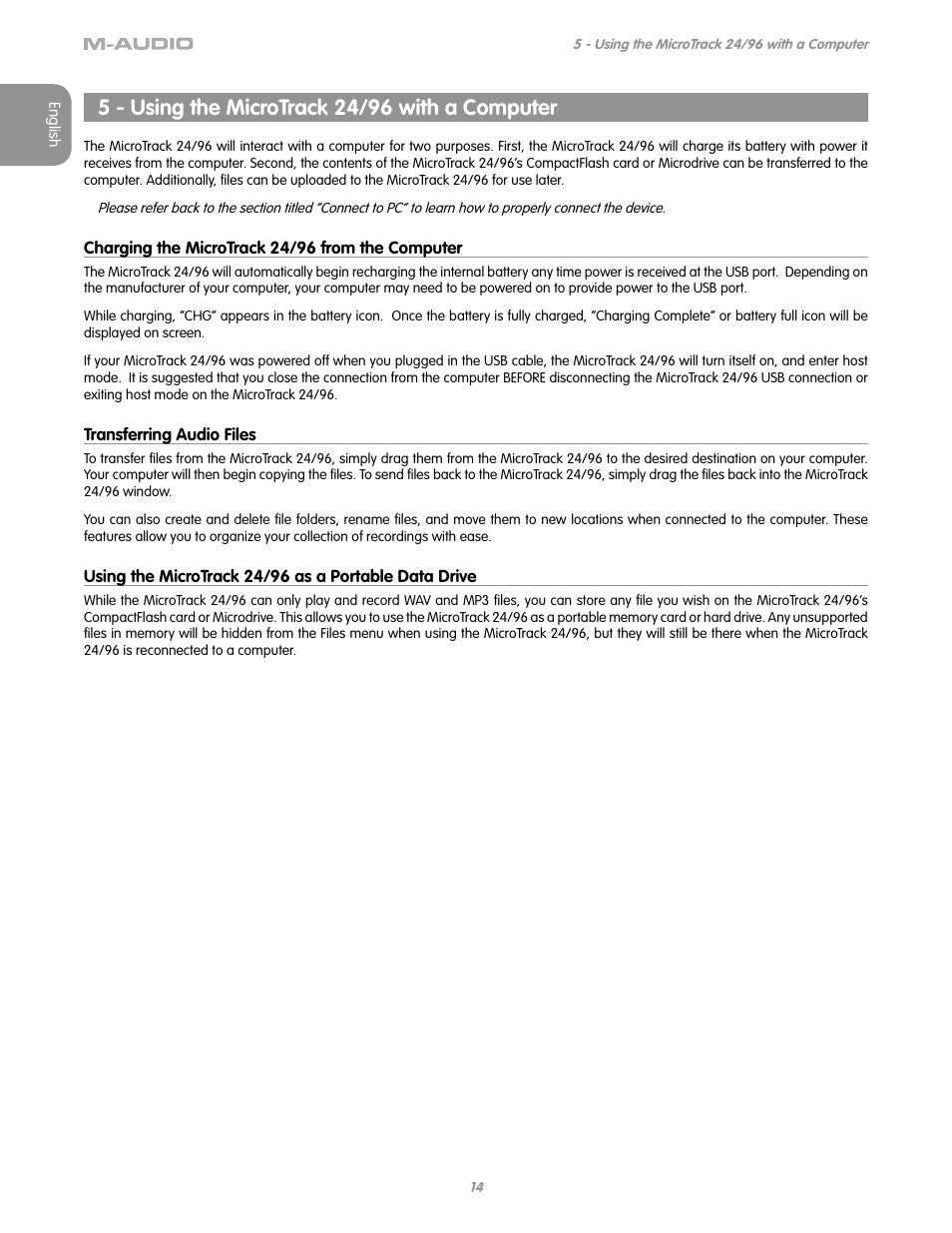 5 - using the microtrack 24/96 with a computer, Charging the microtrack 24/96 from the computer, Transferring audio files | M-AUDIO MICROTRACK 24/96 User Manual | Page 15 / 19