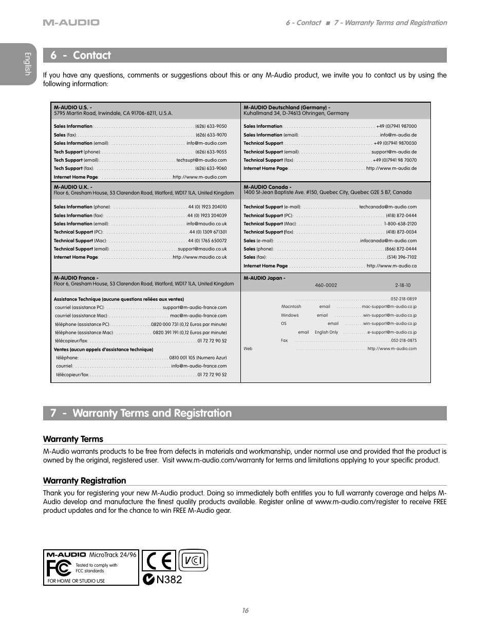 6 - contact, 7 - warranty terms and registration, Warranty terms | Warranty registration, English | M-AUDIO MICROTRACK 24/96 User Manual | Page 17 / 19