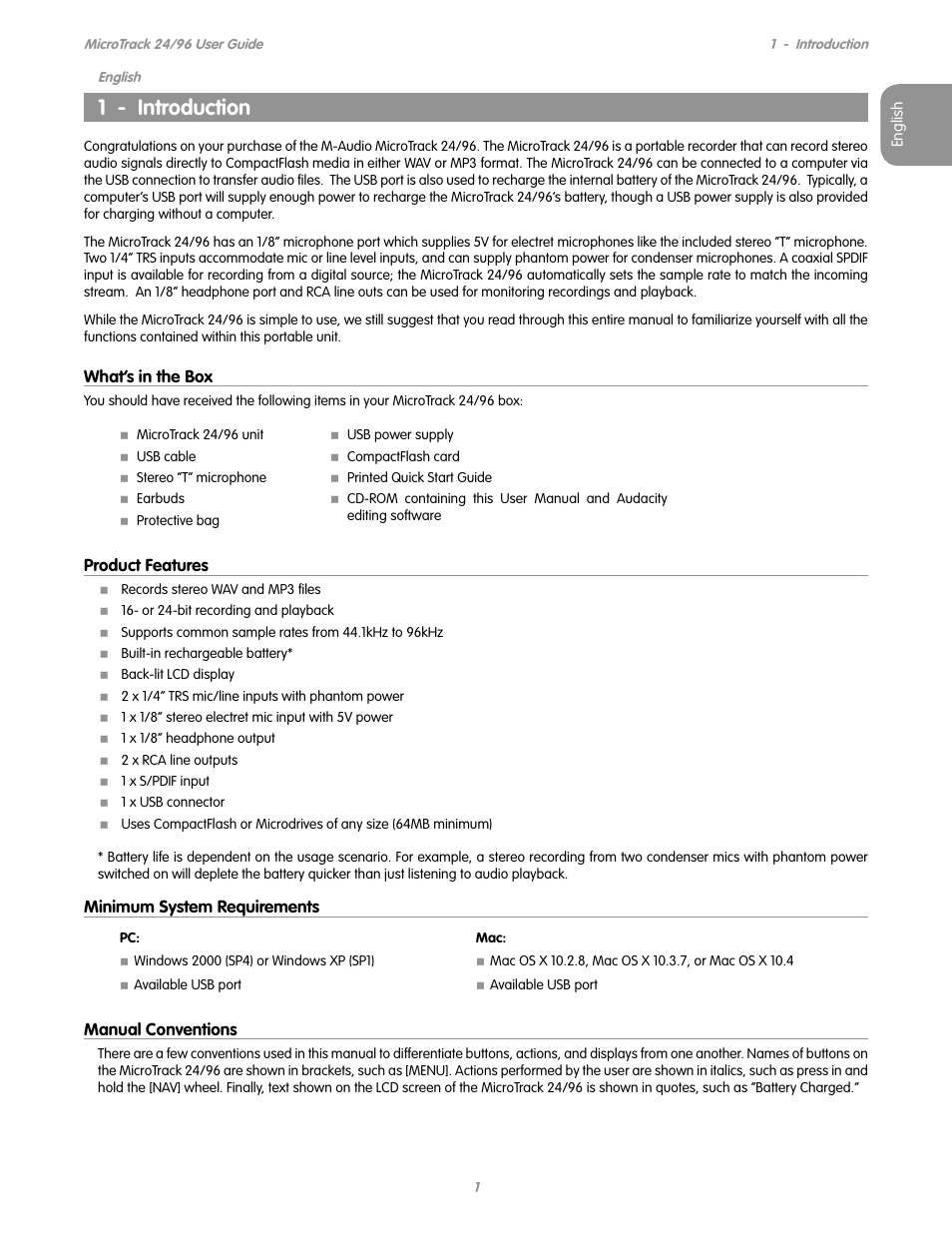 English, 1 - introduction, What’s in the box | Product features, Minimum system requirements, Manual conventions | M-AUDIO MICROTRACK 24/96 User Manual | Page 2 / 19