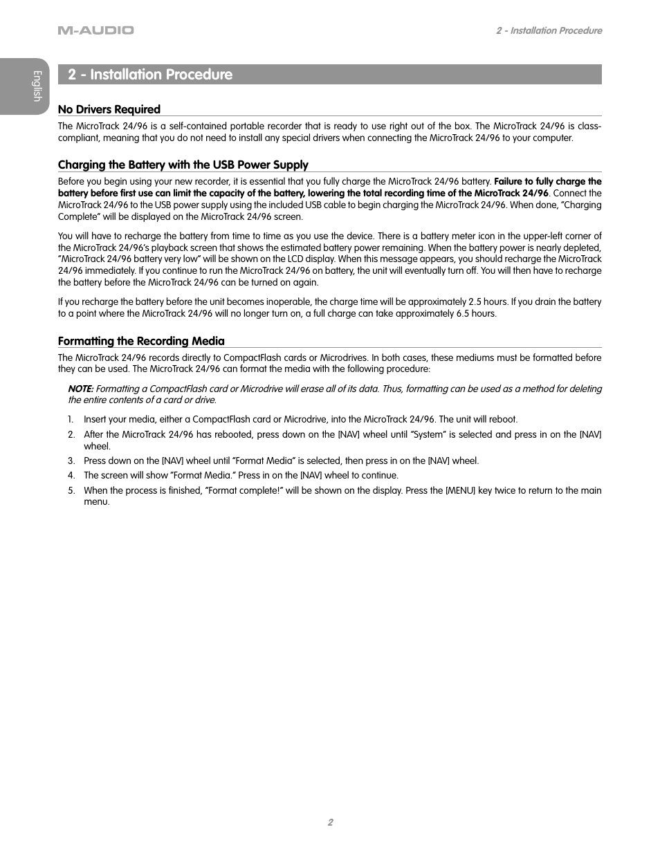 2 - installation procedure, No drivers required, Charging the battery with the usb power supply | Formatting the recording media | M-AUDIO MICROTRACK 24/96 User Manual | Page 3 / 19