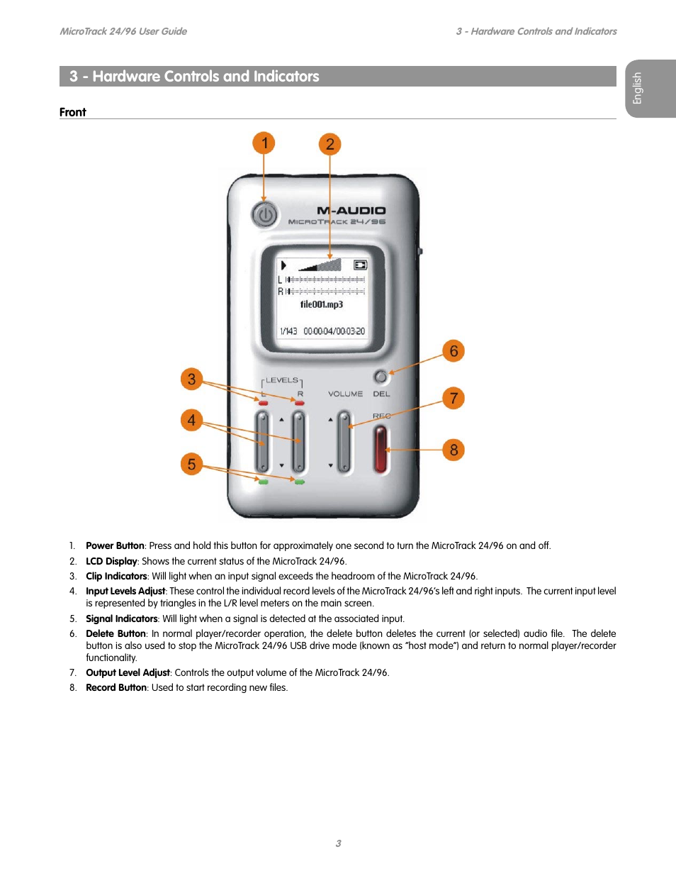 3 - hardware controls and indicators, Front | M-AUDIO MICROTRACK 24/96 User Manual | Page 4 / 19