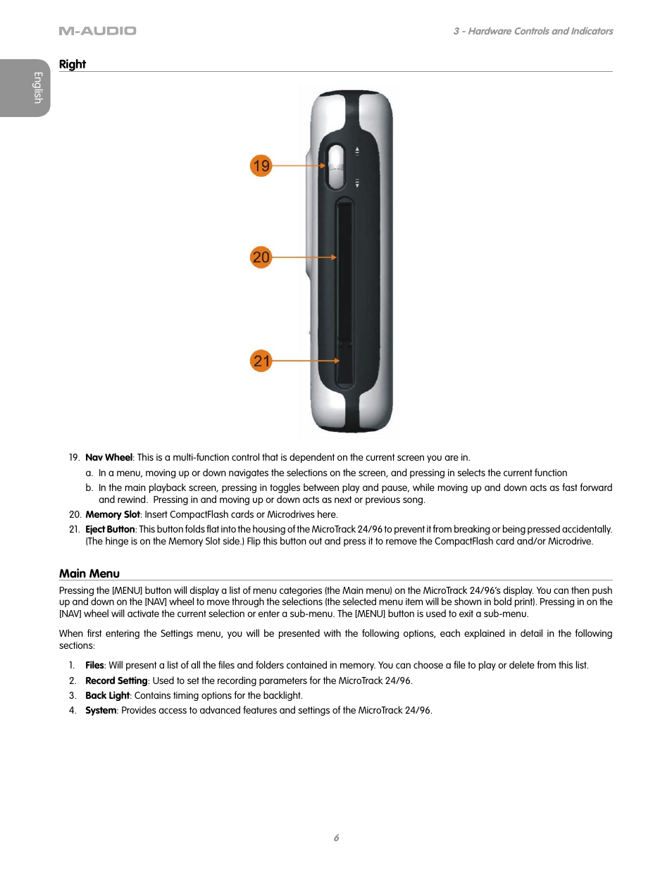 Right, Main menu | M-AUDIO MICROTRACK 24/96 User Manual | Page 7 / 19