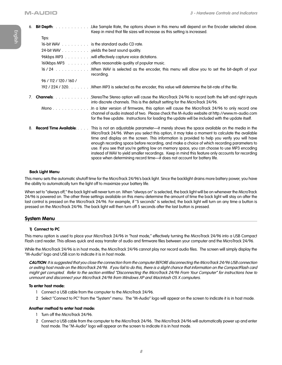 System menu | M-AUDIO MICROTRACK 24/96 User Manual | Page 9 / 19