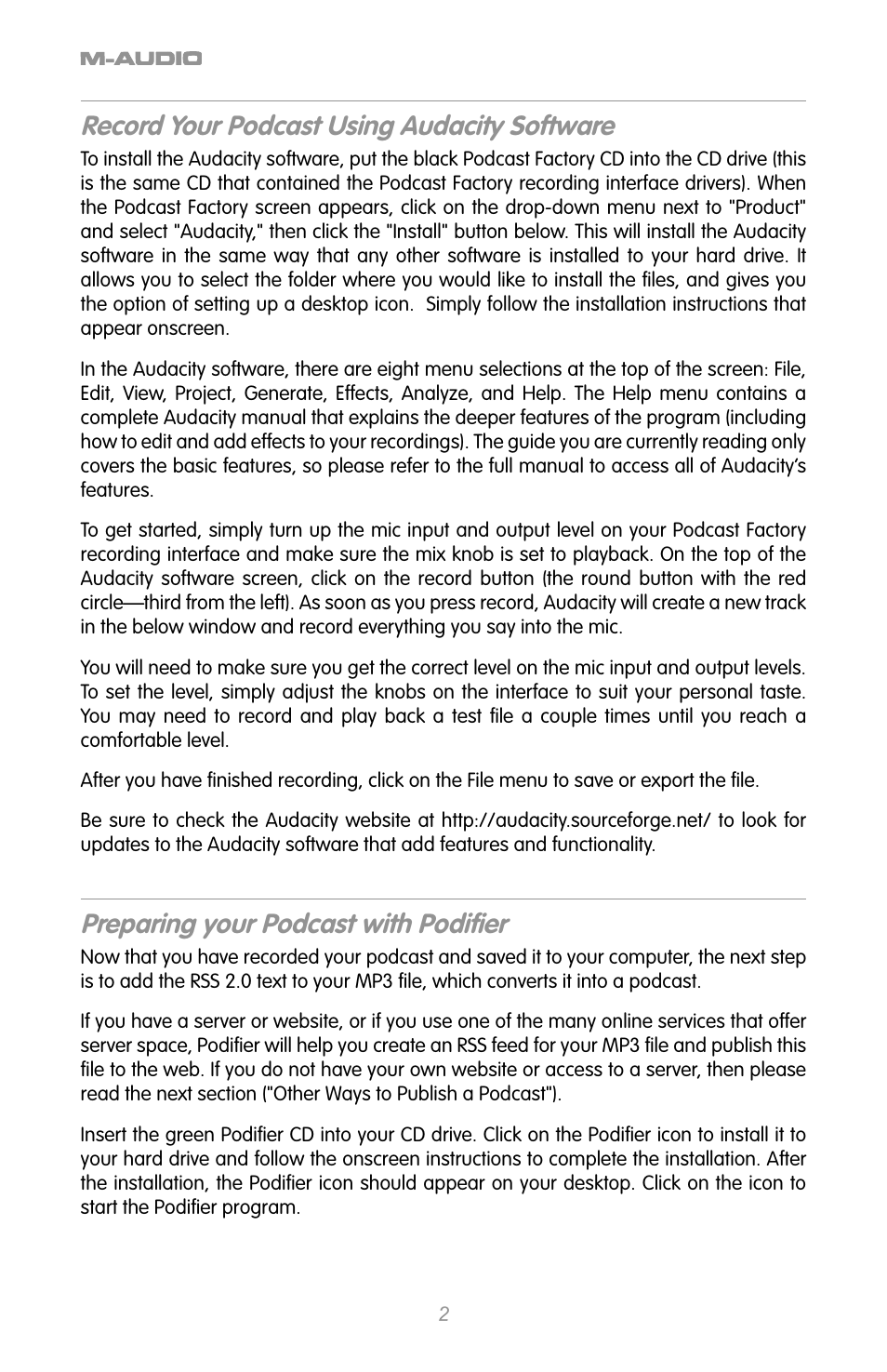 Record your podcast using audacity software, Preparing your podcast with podifier, Preparing your podcast with podiﬁer | M-AUDIO NUVERA 100 MX User Manual | Page 3 / 6