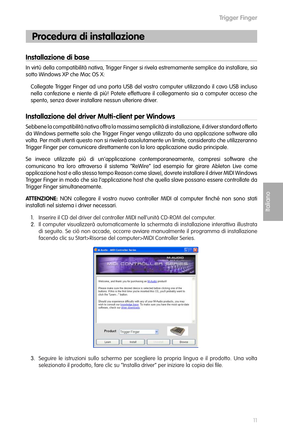 Italiano, Procedura di installazione, Installazione di base | Installazione del driver multi-client per windows | M-AUDIO Drums User Manual | Page 10 / 14