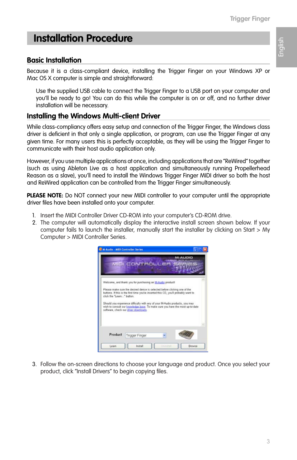 English, Installation procedure, Basic installation | Installing the windows multi-client driver | M-AUDIO Drums User Manual | Page 2 / 14