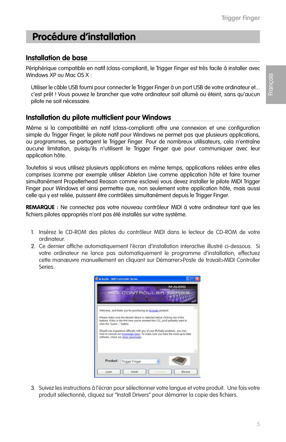 Français, Procédure d’installation, Installation de base | Installation du pilote multiclient pour windows | M-AUDIO Drums User Manual | Page 4 / 14