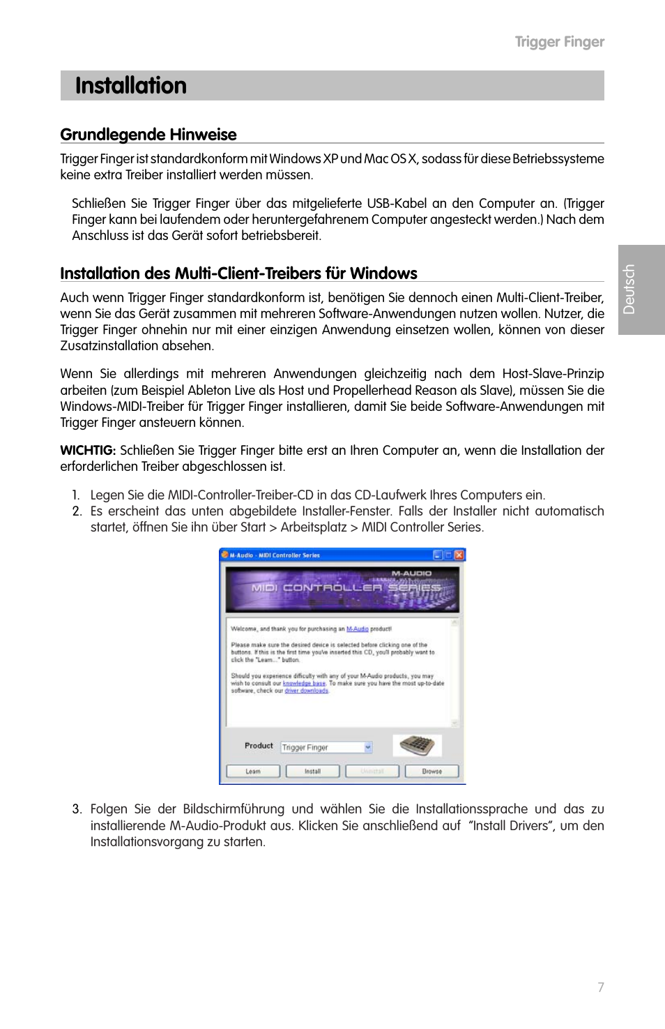 Deutsch, Installation, Grundlegende hinweise | Installation des multi-client-treibers für windows | M-AUDIO Drums User Manual | Page 6 / 14