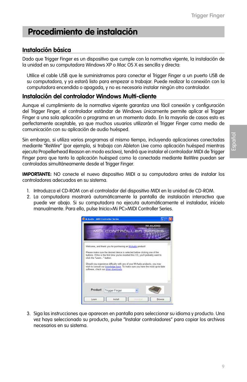 Español, Procedimiento de instalación, Instalación básica | Instalación del controlador windows multi-cliente | M-AUDIO Drums User Manual | Page 8 / 14