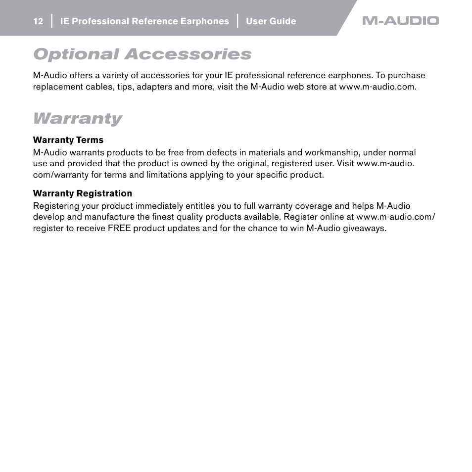 Optional accessories, Warranty | M-AUDIO IE-20xb User Manual | Page 11 / 14