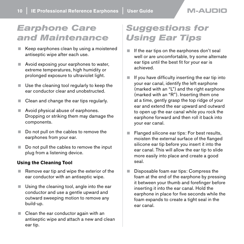 Earphone care and maintenance, Suggestions for using ear tips | M-AUDIO IE-20xb User Manual | Page 9 / 14