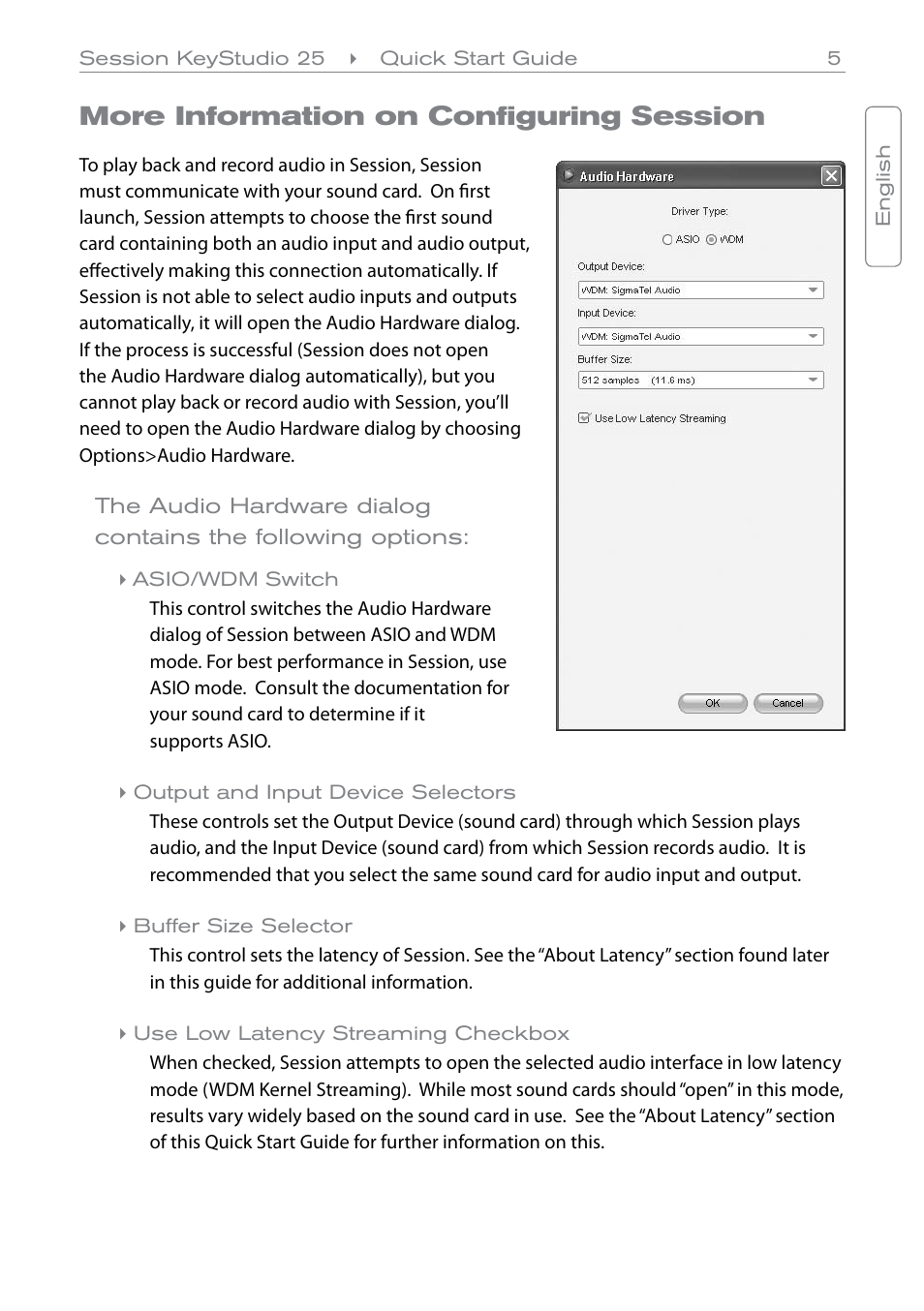 More information on configuring session, Asio/wdm switch, Output and input device selectors | Buffer size selector, Use low latency streaming checkbox | M-AUDIO 25 User Manual | Page 6 / 10