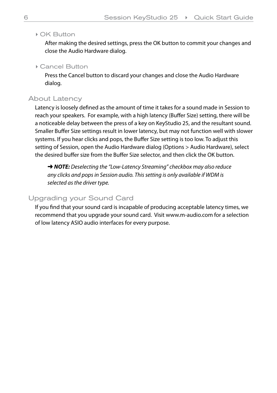 Ok button, Cancel button, About latency | Upgrading your sound card | M-AUDIO 25 User Manual | Page 7 / 10