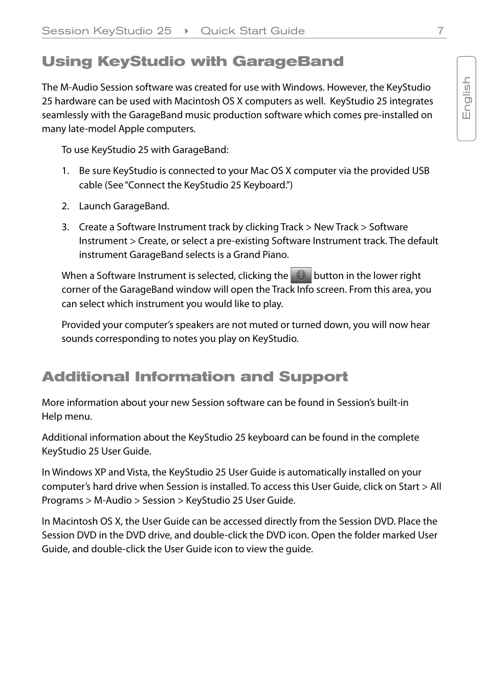 Using keystudio with garageband, Additional information and support | M-AUDIO 25 User Manual | Page 8 / 10